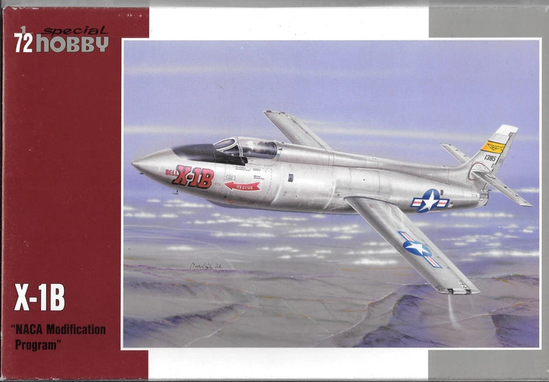 X-1B rocket plane model kit box art, gray jet with blue-and-white markings