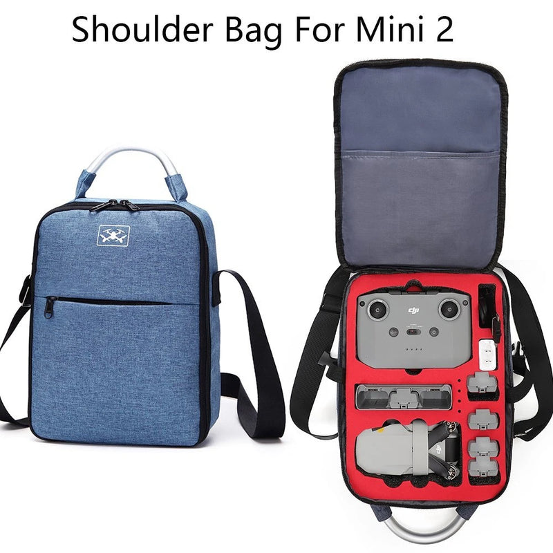 Blue drone shoulder storage bag with handle, shoulder strap, and zipper top compartment