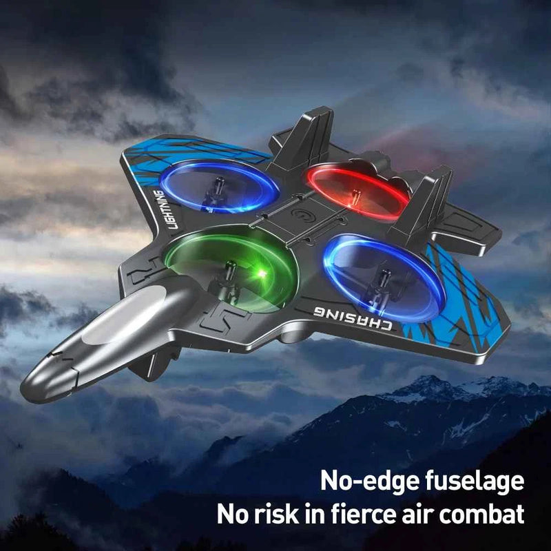 RC foam jet fighter drone with multicolor LED lights and flared wings