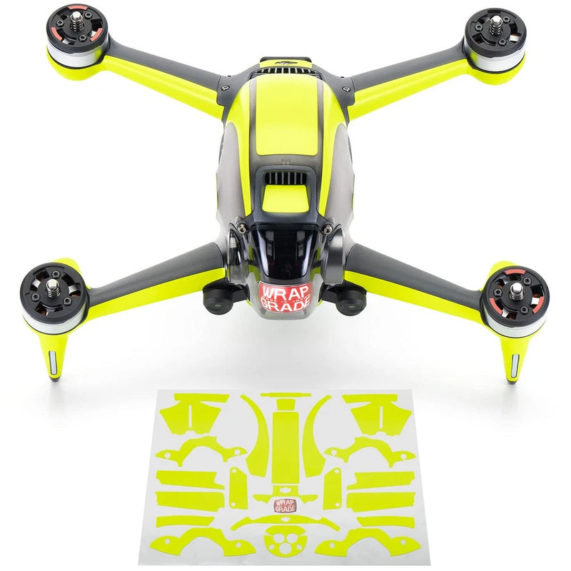 Neon yellow FPV drone with four rotors and gray body, includes wrap decal sheet
