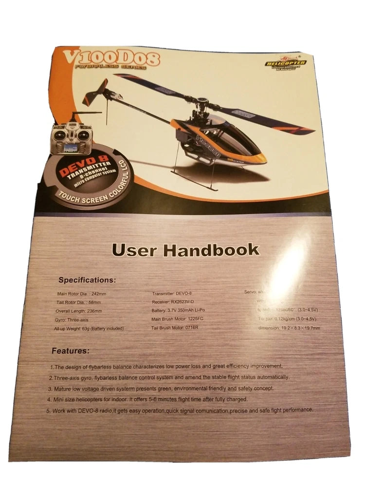 Walkera V100D08 user handbook manual with helicopter illustration on printed cover