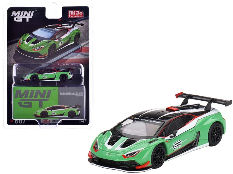 Green and black 1:64 Lamborghini race car model with rear wing