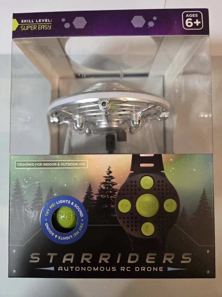 Autonomous RC drone toy with lights and sound on retail box packaging