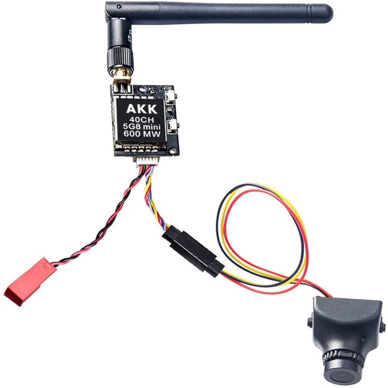 FPV drone camera module with antenna, wiring harness, and small lens