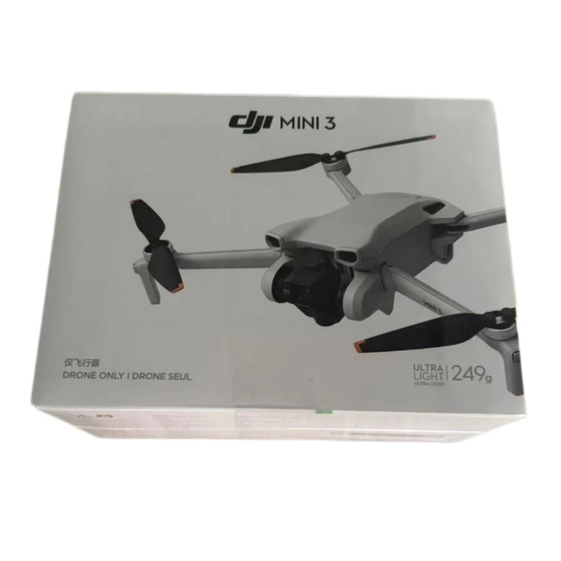 DJI Mini 3 drone unit with gray body and three propellers, shown on box