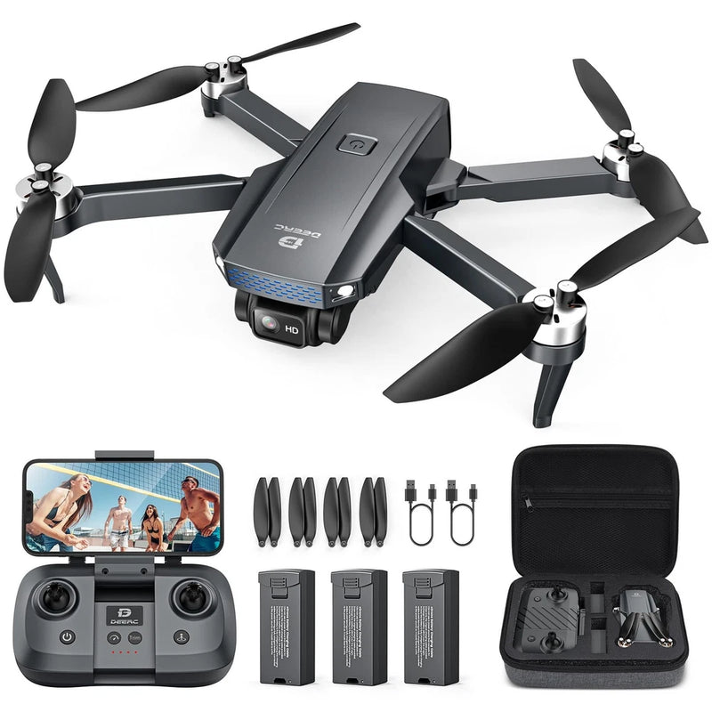 FPV drone with camera, controller, extra batteries, propellers, and hard case