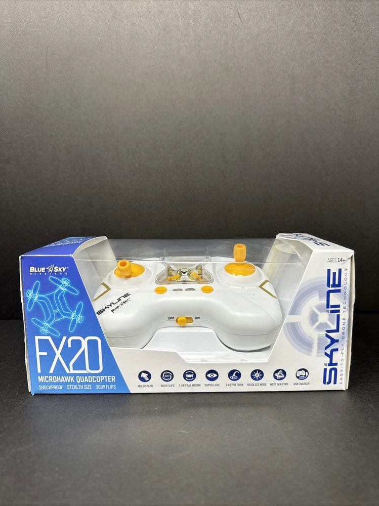 Microhawk FX20 quadcopter drone starter kit box with white controller and yellow accents