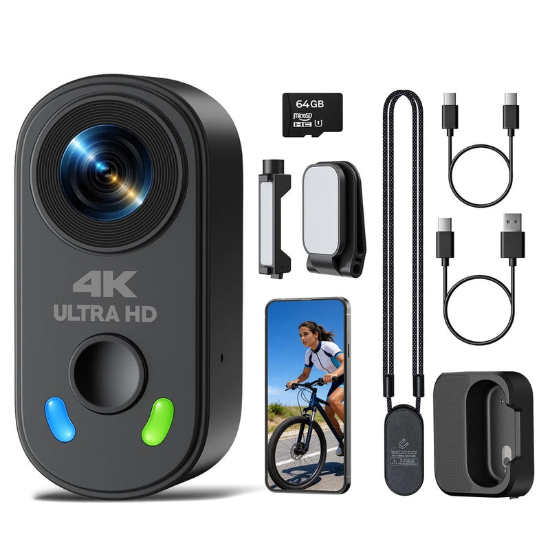 64GB 4K Mini Body Camera Anti-Shake Wearable Action Cam POV Hands-Free Vlogging