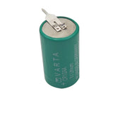 Green 3V non-rechargeable CR1/2AA battery with soldered metal contacts