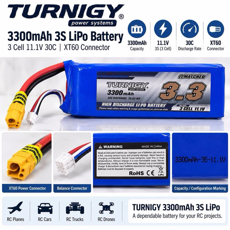 Turnigy 3300mAh 3S 11.1V 30C LiPo Battery XT60 RC Car Plane Drone Battery