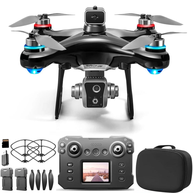 Black hobby drone with front camera, controller with screen, carrying case
