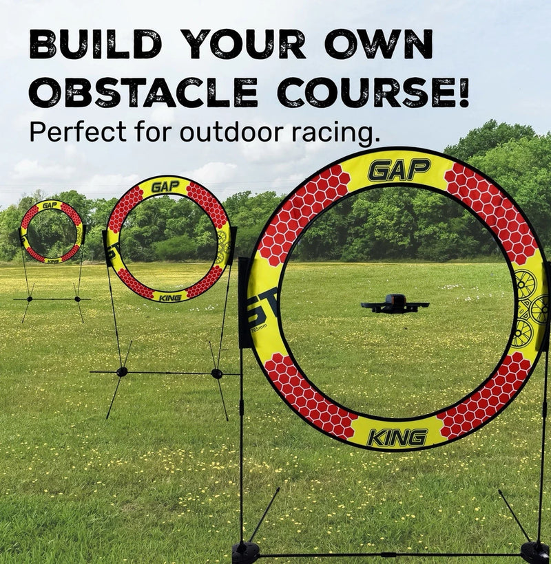 Adjustable FPV race gate with circular frame, red-and-yellow mesh ring, and support legs