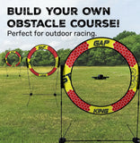 Adjustable FPV race gate with circular frame, red-and-yellow mesh ring, and support legs