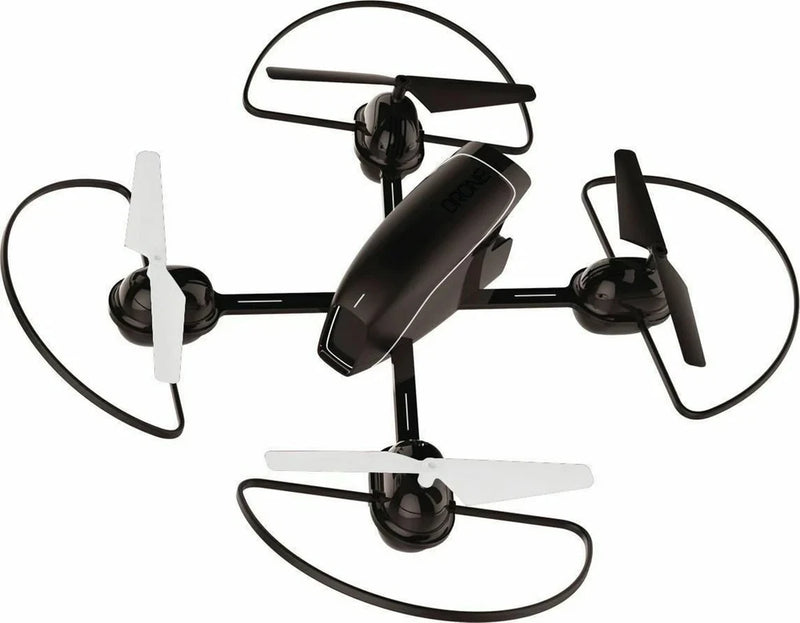 Compact live streaming video drone with four propellers, dark gray body