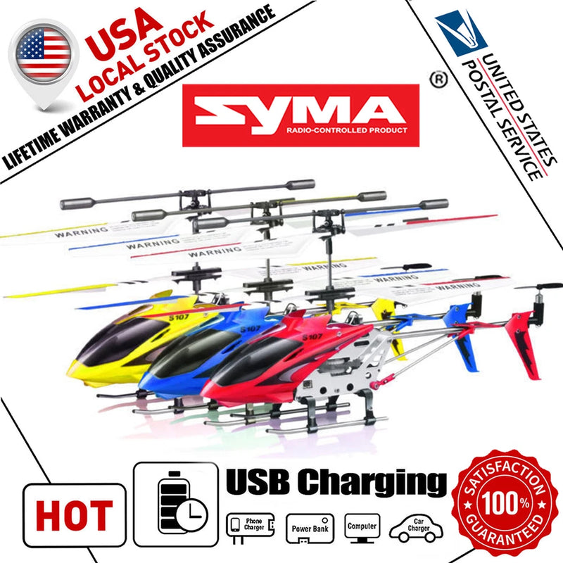 Blue, red and black RC helicopter drone with remote control and USB charging cable