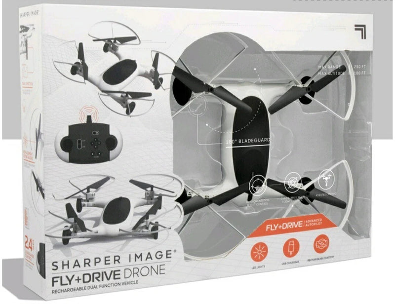 Rechargeable dual-function drone with handheld remote, shown in retail packaging