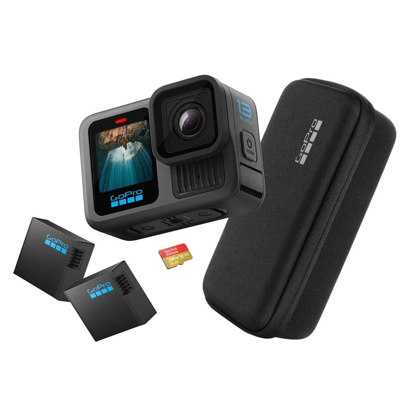 GoPro action camera with protective case and microSD memory card