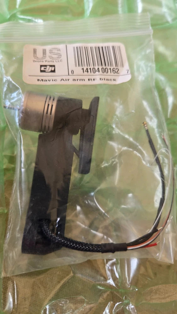 Front left drone motor arm repair part with attached ribbon cable, in clear bag