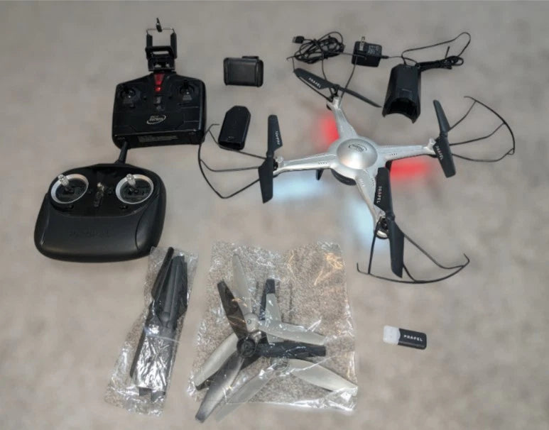 RC quadcopter drone with camera, remote controller, phone holder, charger set