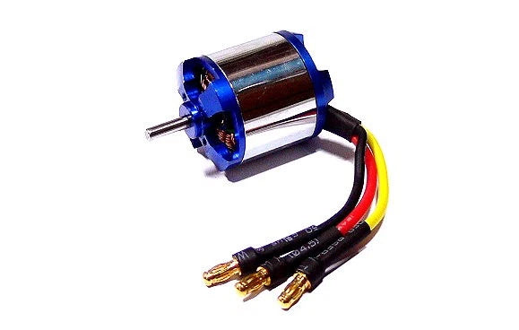 RC brushless outrunner motor with blue mount, metal can, and three-wire connector leads