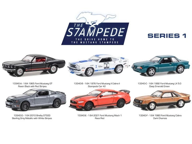 Greenlight 1:64 scale Mustang die-cast model cars, assorted colors, six-pack view