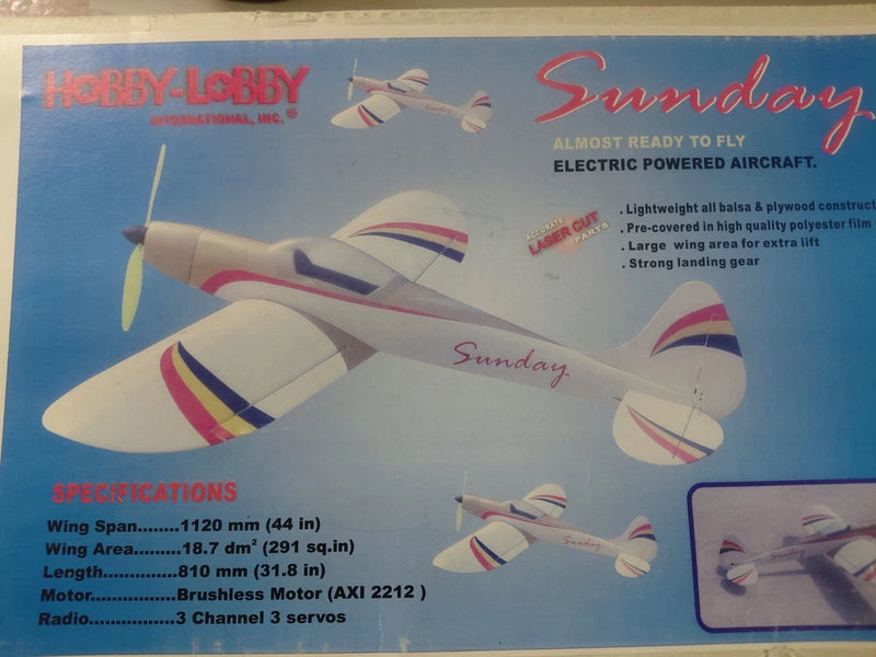 RC ARF airplane kit box with colorful “Sunday” electric airplane artwork