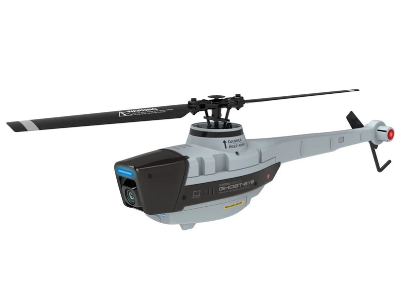 Light gray drone with black nose camera and extended rotor arms