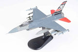 Grey F-16C model fighter jet on dark display stand, with red and black tail markings