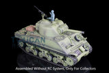 Static 1/16 scale Sherman tank model, light green with gray tracks, no RC system