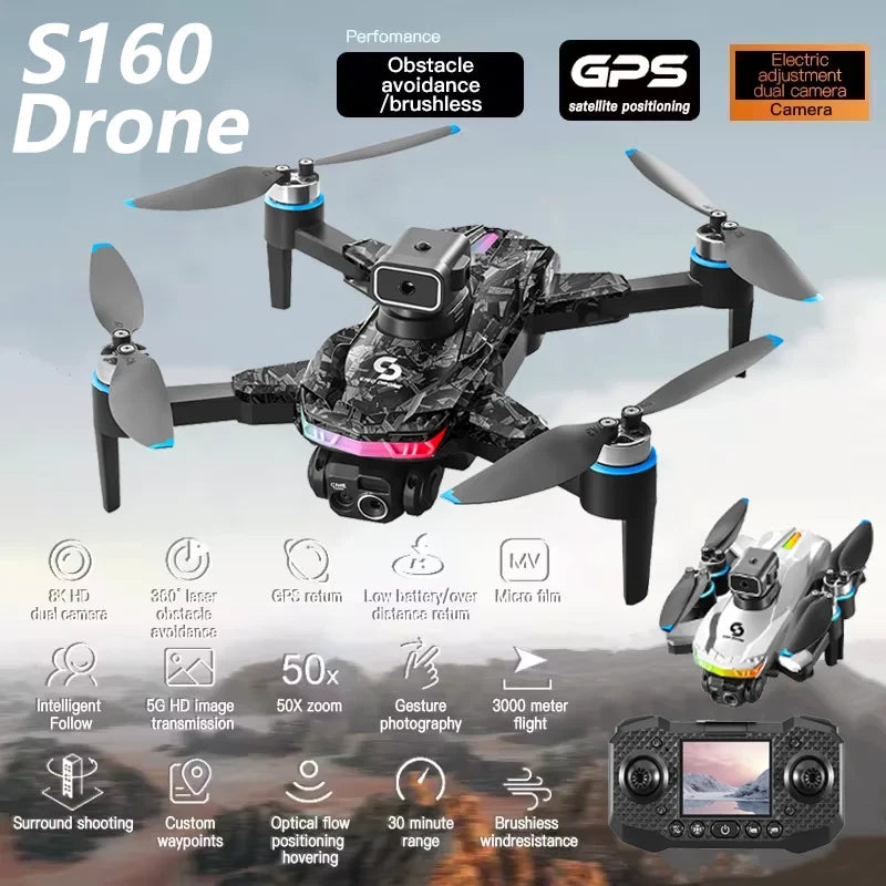 Folding quadcopter drone with 4 propellers and built-in camera, gray-black.