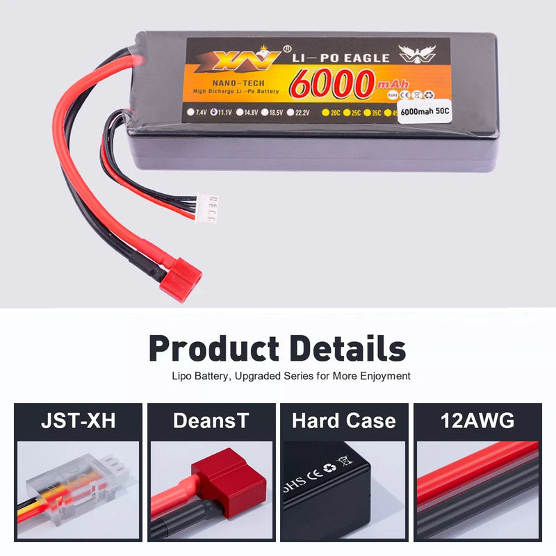 1PC 7.4V 50C 6000mAh 2S Li-Po Battery Deans Hardcase for RC Car Truck Truggy USA