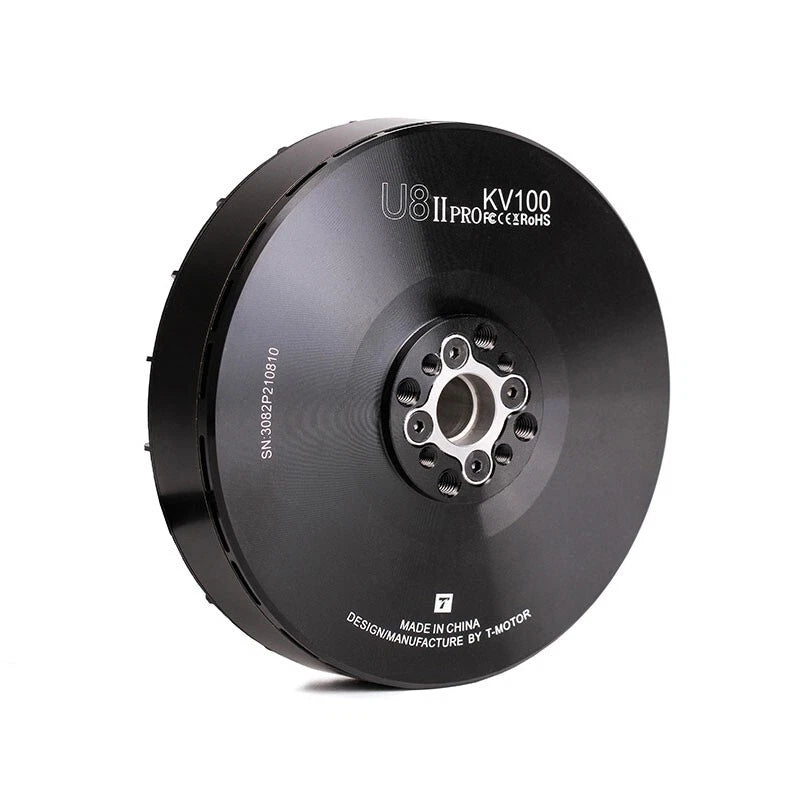 Drone motor, black circular design with mounting flange and screw holes