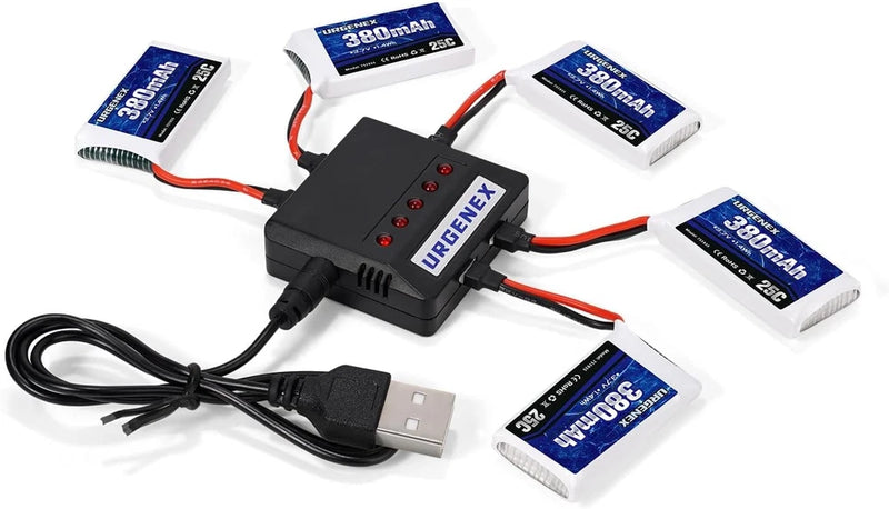 5PCS 3.7V 380mAh 25C 1S LiPo Drone Batteries with 5in1 Charger 752035 Pack Battery