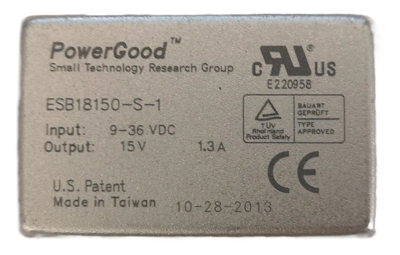 DC-DC power converter with input 9–36VDC and output 15V 1.3A label