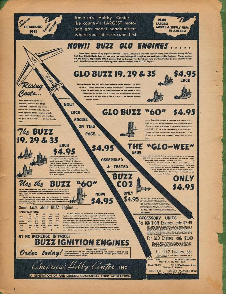Vintage “Buzz” airplane engine magazine advertisement on aged paper with price listings