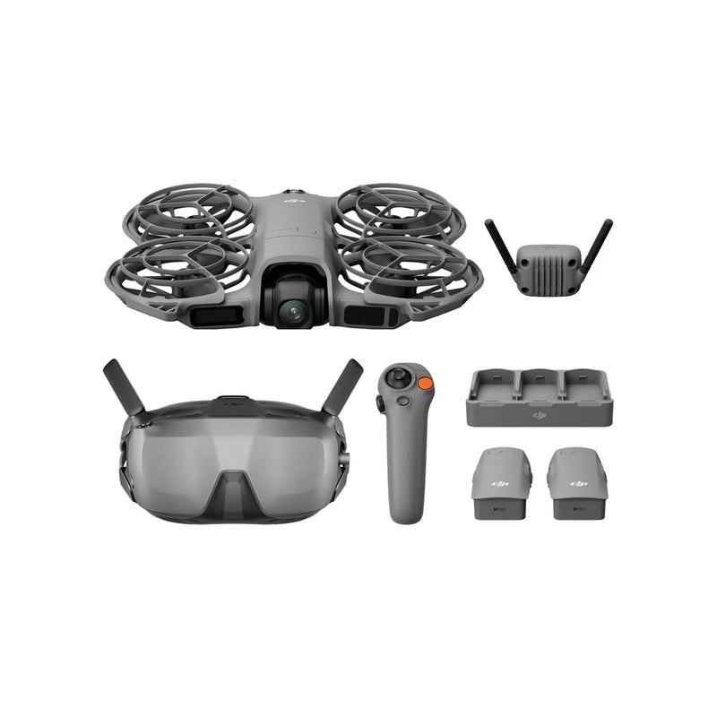 Grey DJI Neo 2 drone with prop guards, remote controller, charging dock and extra batteries