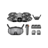 Grey DJI Neo 2 drone with prop guards, remote controller, charging dock and extra batteries