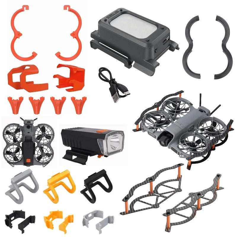 Drone landing gear and bumper accessory set with prop guards, brackets, and cable