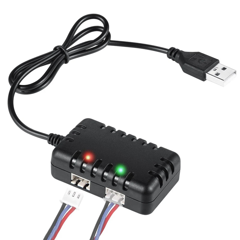 Black USB charger cable with inline controller and red/green LED lights