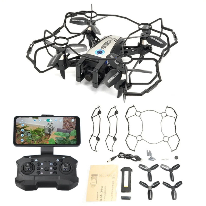Kids beginner drone kit with controller, phone holder, prop guards, and extra prop blades