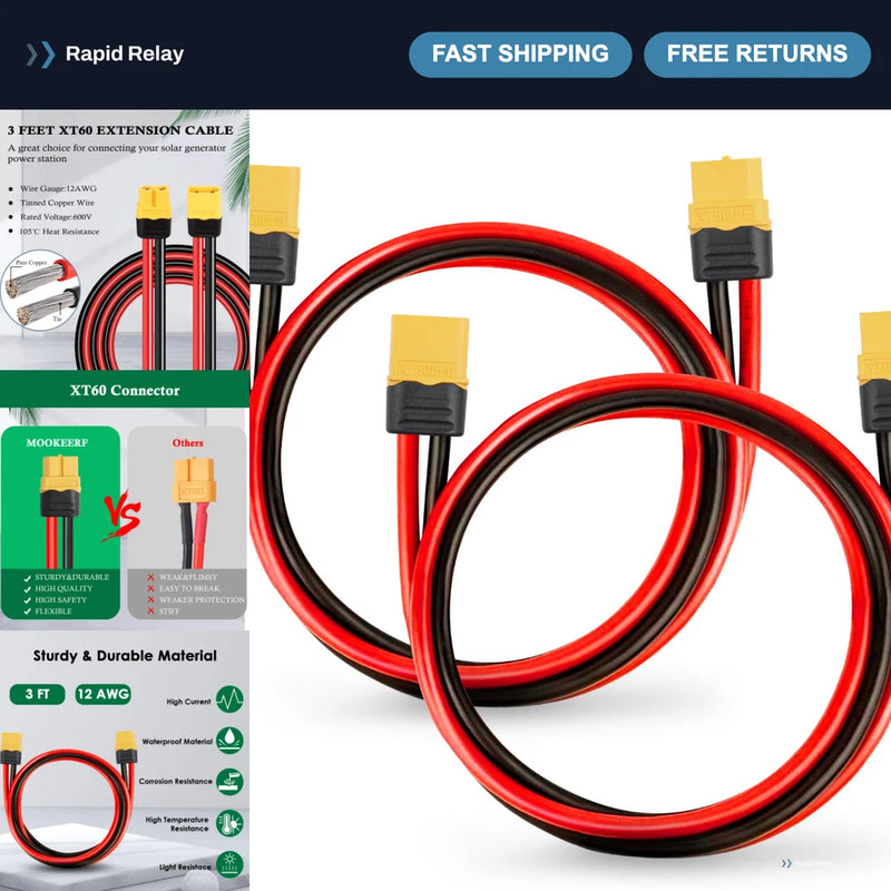 12AWG XT60 Extension Cable 3FT - 2PCS Male to Female Connector for RC Battery & Converter