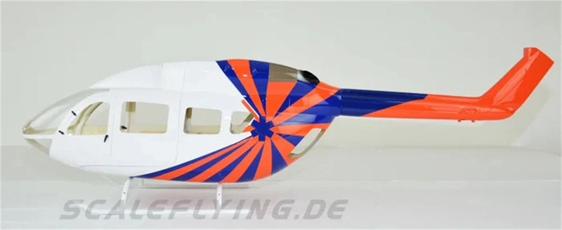 RC helicopter fuselage model in white with blue and orange accents, side view