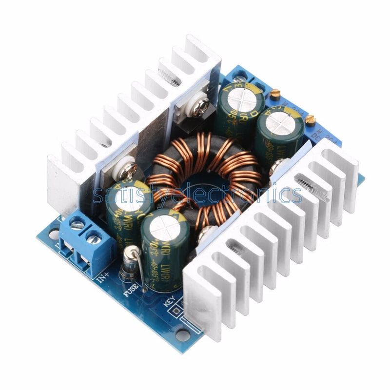 Step up/down DC converter module with blue board, inductor coil, and heatsink fins