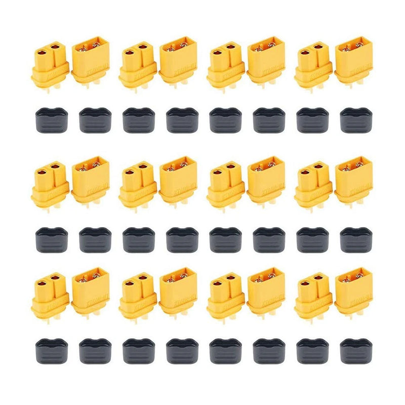 XT60H bullet connector set with yellow male/female plugs and black protective caps