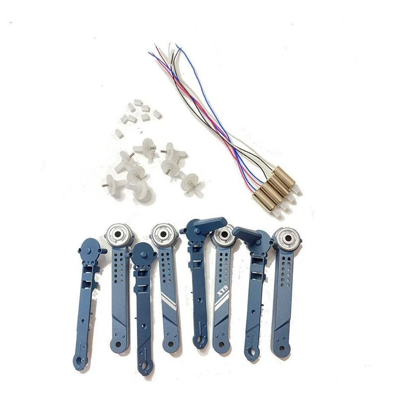 Blue folding quadcopter arm shell set with motor gears, wiring harness, and mounting screws