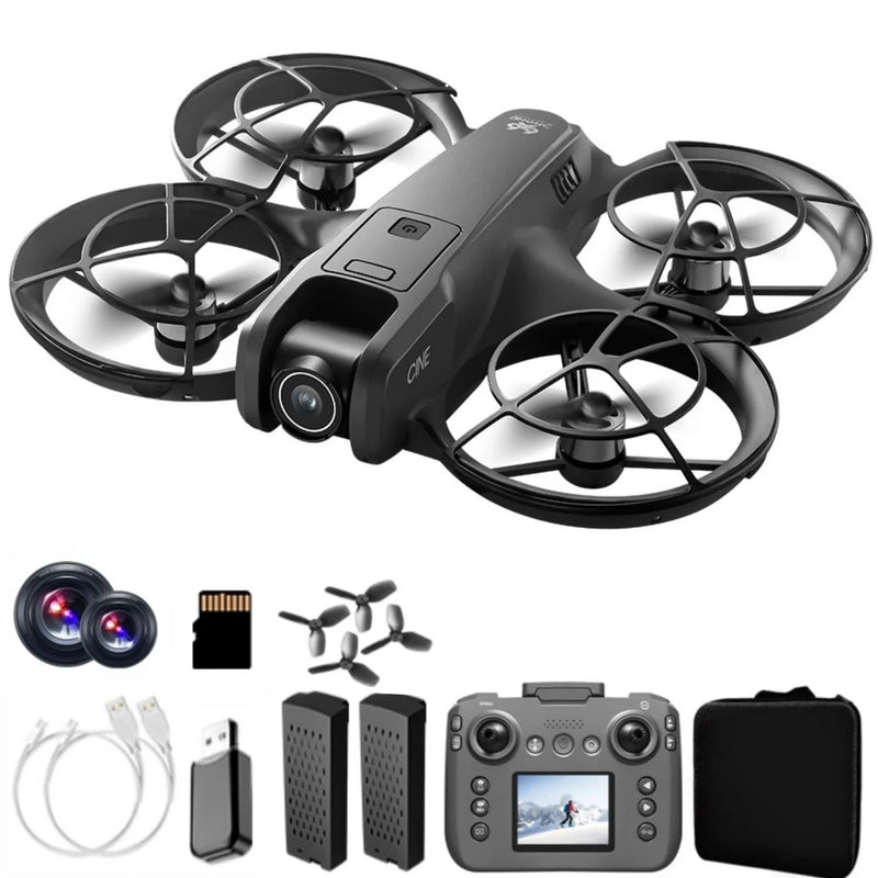 Mini drone with display screen, dual cameras, and four black-gray propellers