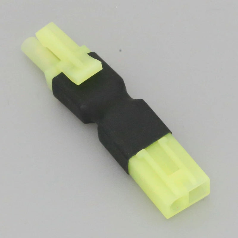 RC lipo adapter connector with black housing and light yellow mini Tamiya plugs