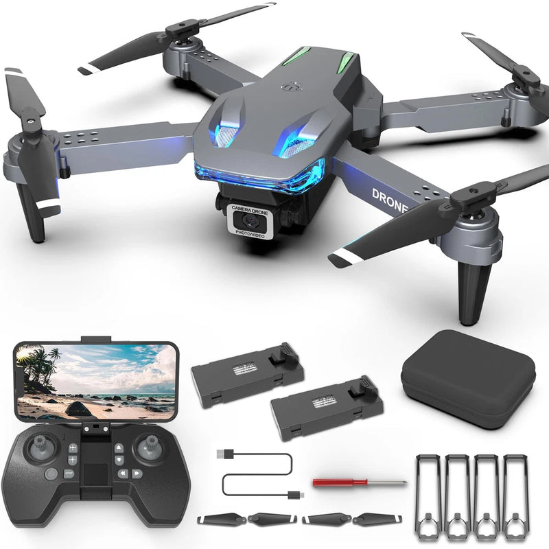 Mini quadcopter drone with camera, blue LED lights, remote controller and accessories
