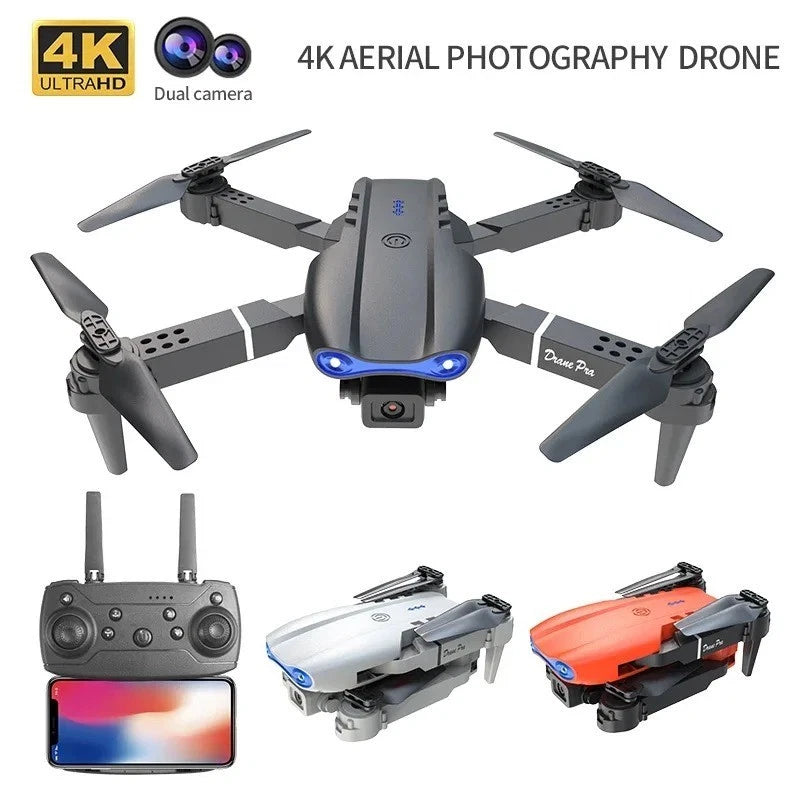 Foldable quadcopter drone with dual 4K camera, gray body and four propellers