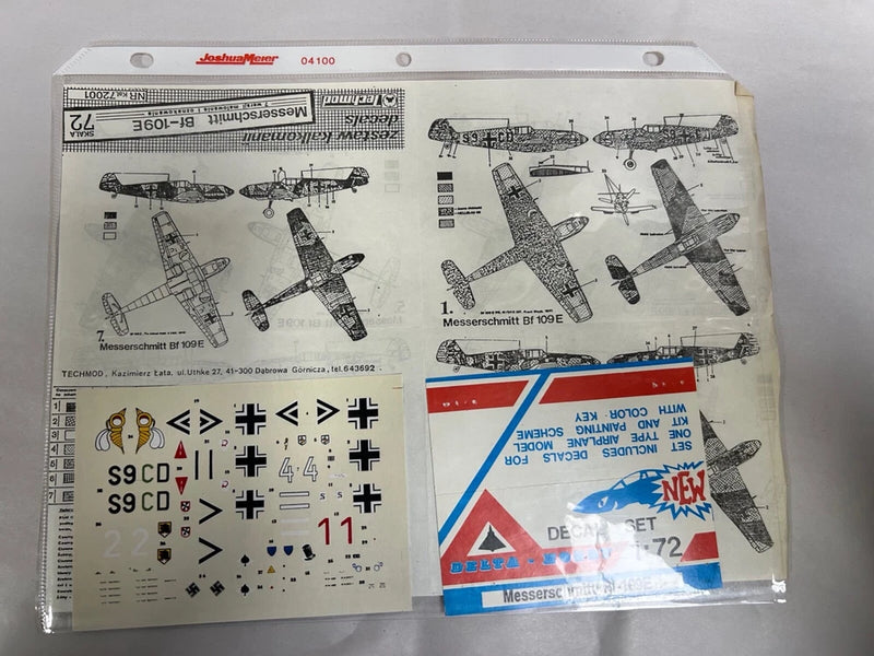 1/72 Messerschmitt Bf-109E model decal set on two sheets with markings